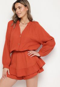 Born2be - Pomarańczowy Bawełniany Kombinezon z Elastyczną Gumką w Talii i Spódnico-Spodenkami Gleasea. Okazja: na co dzień. Kolor: pomarańczowy. Materiał: bawełna. Styl: elegancki, casual #1