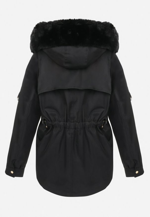 Born2be - Czarna Kurtka Nylonowa Parka z Odpinanym Futerkiem Beaten. Kolor: czarny. Materiał: futro, nylon. Wzór: aplikacja, paski