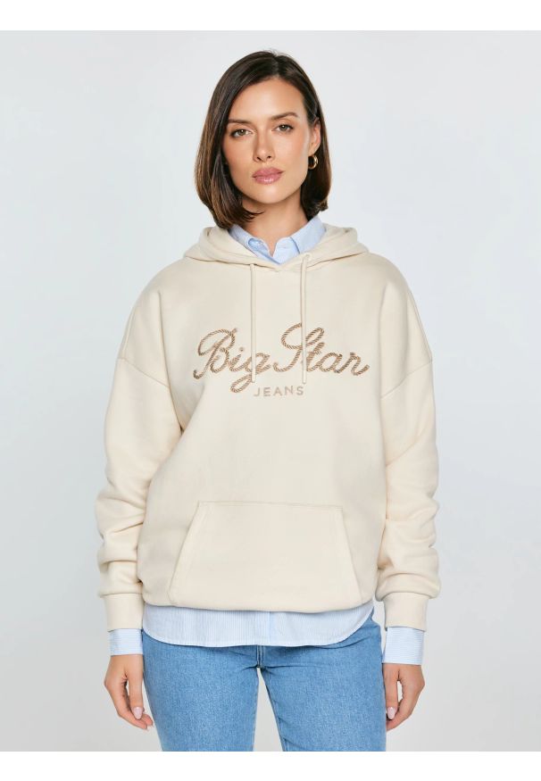 Big-Star - Bluza damska z kapturem kremowa Raisa 103. Okazja: na spacer, na co dzień. Typ kołnierza: kaptur. Kolor: kremowy. Materiał: dzianina, jeans, dresówka. Wzór: gładki, haft. Styl: casual, sportowy