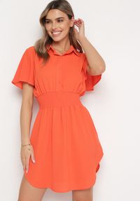 Born2be - Pomarańczowa Koszulowa Sukienka Mini z Wiskozy o Rozkloszowanym Kroju Hokese. Kolor: pomarańczowy. Materiał: wiskoza. Typ sukienki: koszulowe. Długość: mini #3