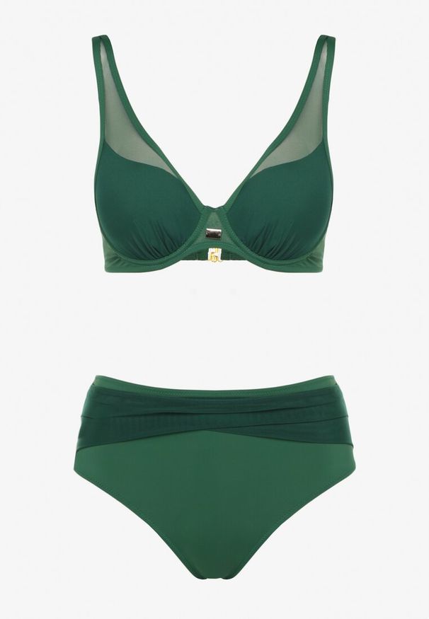 Renee - Ciemnozielone Bikini z Siateczkowymi Zdobieniami Biustonosz i Majtki Typu Figi Linelissa. Kolor: zielony. Wzór: aplikacja