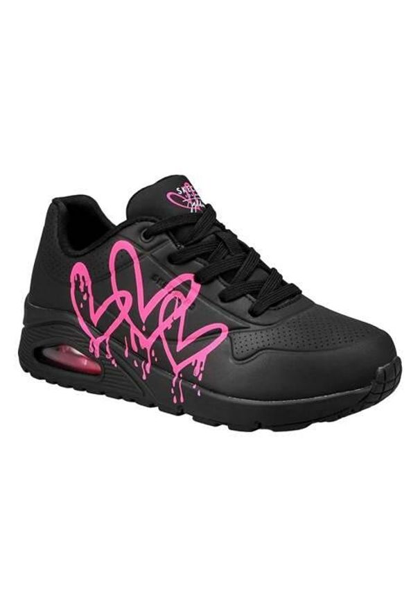 skechers - Buty do chodzenia damskie Skechers Uno Dripping In Love. Okazja: na co dzień. Zapięcie: sznurówki. Kolor: czarny, wielokolorowy. Materiał: tkanina, skóra, materiał, syntetyk, guma. Szerokość cholewki: normalna. Sport: turystyka piesza