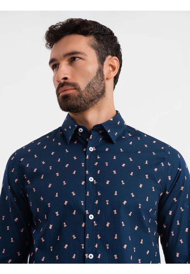 Ombre Clothing - Bawełniana koszula męska we wzory SLIM FIT - atramentowa V3 - Rozmiar: S. Kolor: niebieski. Materiał: bawełna. Styl: klasyczny