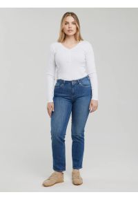 Big-Star - Bluzka damska z prążkowanej dzianiny biała Nathalie 101. Kolor: biały. Materiał: dzianina, prążkowany. Długość: długie. Wzór: aplikacja, kolorowy #4