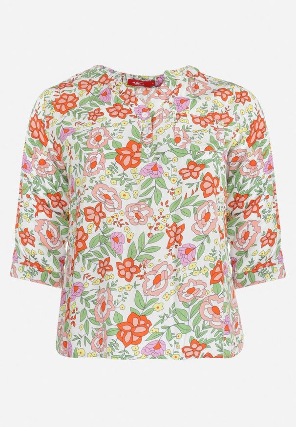 Born2be - Pomarańczowa Bluzka z Wiskozy w Kwiaty i Rękawem 3/4 Thaleta. Okazja: na co dzień. Kolor: pomarańczowy. Materiał: wiskoza. Wzór: kwiaty. Styl: casual