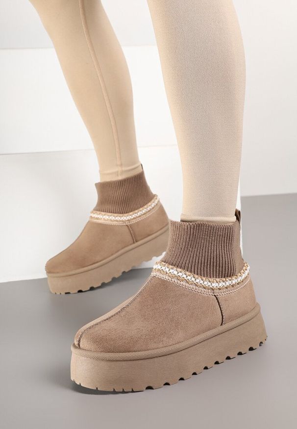 Born2be - Ciemnobeżowe Śniegowce na Grubej Podeszwie z Elastyczną Cholewką Nilevelia. Okazja: na co dzień. Kolor: beżowy. Materiał: jeans. Szerokość cholewki: normalna. Styl: casual