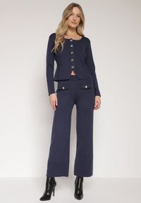 Born2be - Granatowy Dzianinowy Komplet z Wiskozą w Eleganckim Stylu Kardigan i Spodnie Delisana. Kolor: niebieski. Materiał: dzianina, wiskoza #1