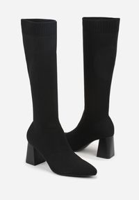 Born2be - Czarne Eleganckie Kozaki VICES na Słupku ze Skarpetkową Cholewką Mialles. Okazja: na spotkanie biznesowe, do pracy, na co dzień. Kolor: czarny. Materiał: jeans. Szerokość cholewki: normalna. Obcas: na słupku. Styl: elegancki. Wysokość obcasa: średni #6