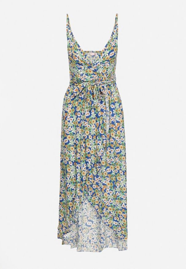 Born2be - Granatowa Bawełniana Sukienka na Ramiączkach z Kopertowym Dekoltem i Asymetrycznym Rozcięciem Xiloa. Okazja: na co dzień. Typ kołnierza: dekolt kopertowy. Kolor: niebieski. Materiał: bawełna. Długość rękawa: na ramiączkach. Wzór: aplikacja. Typ sukienki: asymetryczne, kopertowe. Styl: casual