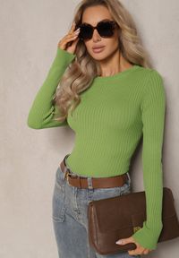 Renee - Jasnozielony Casualowy Sweter z Prążkowanego Materiału Zintra. Okazja: na co dzień. Kolor: zielony. Materiał: materiał, prążkowany. Długość rękawa: długi rękaw. Długość: długie. Styl: casual #5