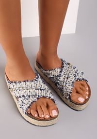 Renee - Niebieskie Klapki Khloraris. Nosek buta: okrągły. Kolor: niebieski. Materiał: materiał. Wzór: paski. Sezon: lato. Obcas: na platformie #1