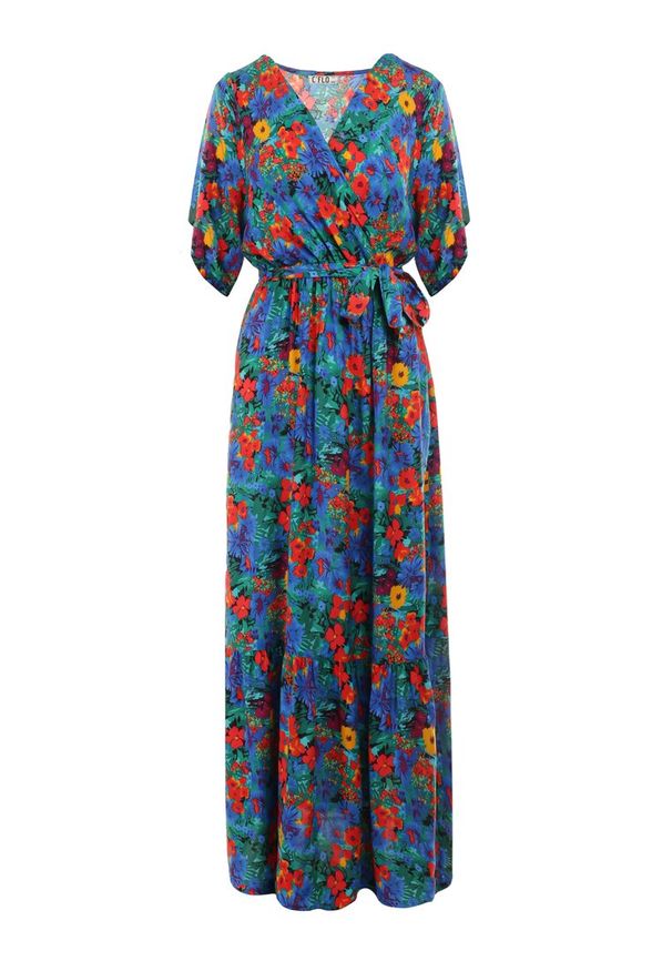 Born2be - Niebiesko-Zielona Sukienka z Wiskozy Cliera. Okazja: na imprezę. Kolor: niebieski. Materiał: wiskoza. Wzór: kolorowy, aplikacja, kwiaty. Sezon: lato. Typ sukienki: kopertowe. Styl: elegancki, retro. Długość: maxi