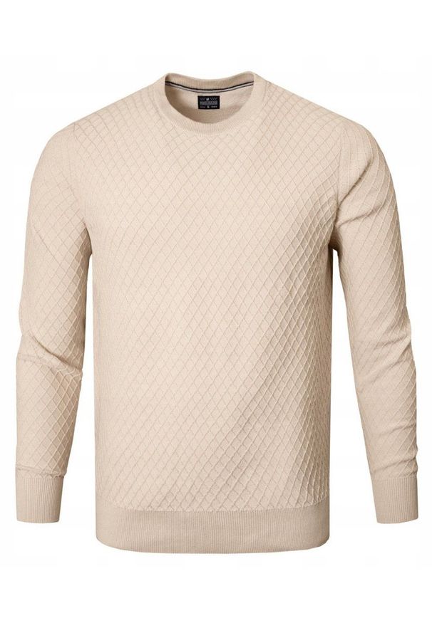 Bawełniany Sweter Męski, Okrągły Dekolt - Pako Jeans - Ecru, Tkanina z Fakturą. Kolor: brązowy, wielokolorowy, beżowy. Materiał: bawełna. Styl: klasyczny, elegancki
