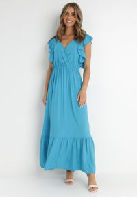 Born2be - Niebieska Sukienka z Wiskozy Aserus. Typ kołnierza: dekolt w kształcie V. Kolor: niebieski. Materiał: wiskoza. Wzór: jednolity, gładki. Typ sukienki: kopertowe. Długość: maxi #2