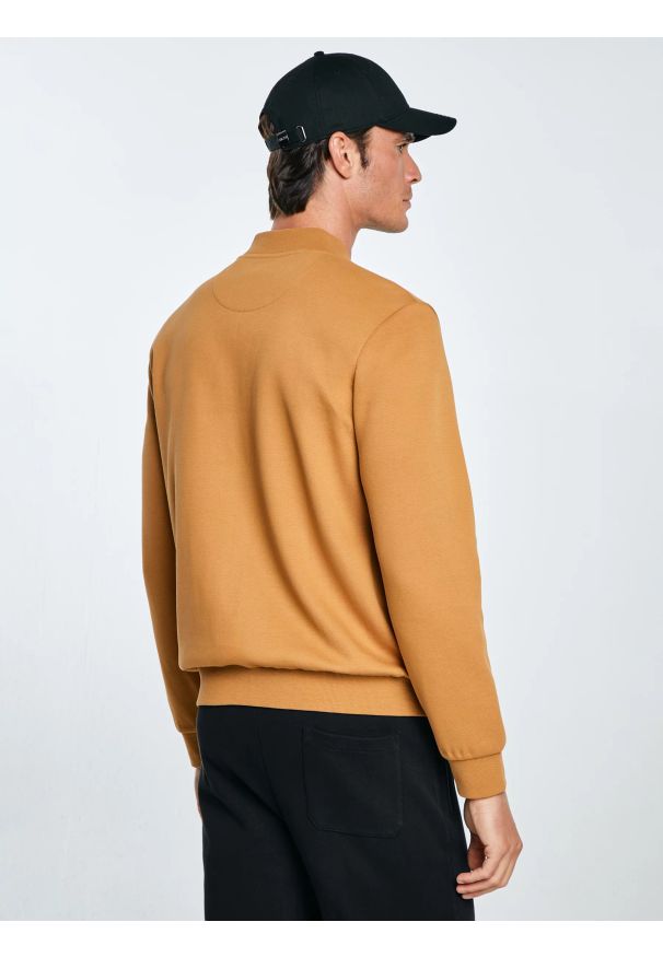 Big-Star - Bluza męska bomber jasnobrązowa Wladorb 803. Okazja: na spacer. Typ kołnierza: kołnierzyk stójkowy. Kolor: brązowy. Materiał: materiał, dzianina, tkanina. Wzór: nadruk. Styl: sportowy, klasyczny