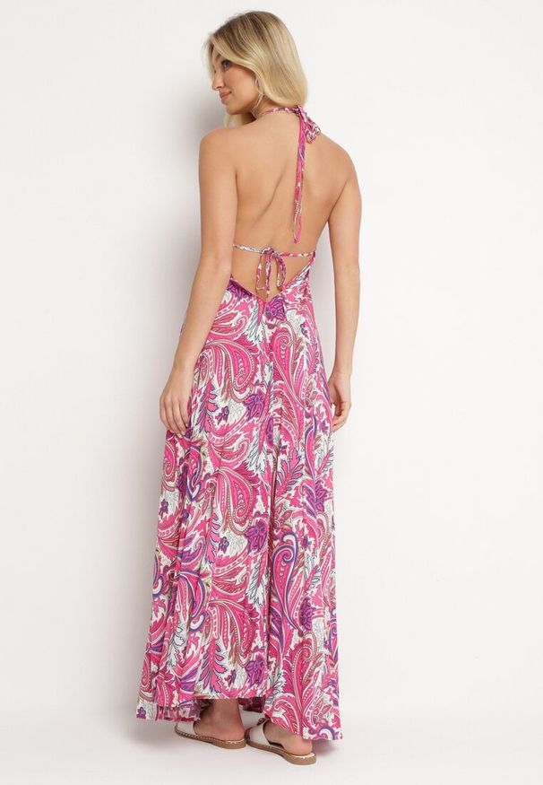 Born2be - Różowa Wiskozowa Sukienka z Wiązaniem na Szyi Ściągana pod Biustem Viseri. Okazja: na co dzień. Typ kołnierza: dekolt w kształcie V. Kolor: różowy. Materiał: wiskoza. Typ sukienki: proste. Styl: casual, elegancki