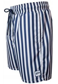 Męskie Spodenki Plażowe (Kąpielowe) - Pako Jeans - Granatowe w Prążek. Kolor: niebieski. Materiał: poliester. Wzór: prążki #4