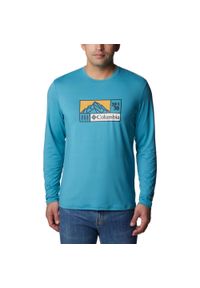 columbia - Koszulka sportowa Tech Trail Long Sleeve Graphic z długim rękawem - niebieska. Kolor: niebieski. Długość rękawa: długi rękaw. Długość: długie. Wzór: nadruk