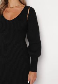 Born2be - Czarna Dzianinowa Sukienka Midi z Trójkątnym Dekoltem i Bolerkiem z Bufiastymi Rękawami Vorteia. Kolor: czarny. Materiał: dzianina. Długość rękawa: na ramiączkach. Długość: midi #3