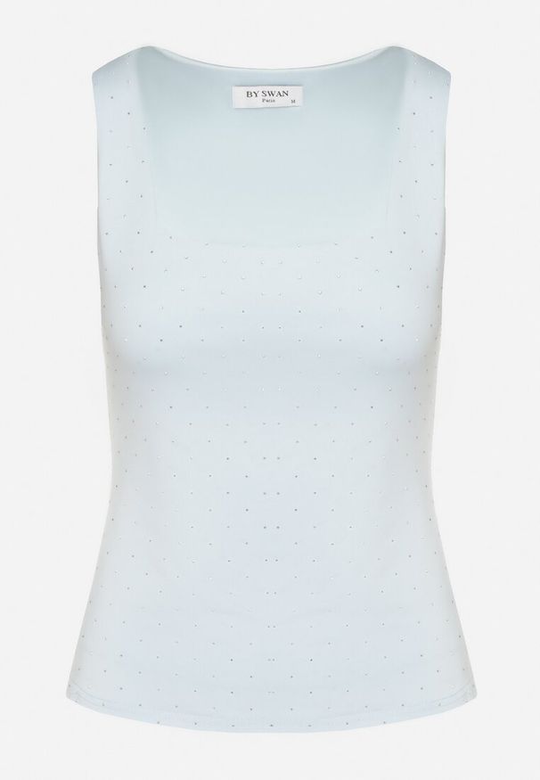 Born2be - Jasnoniebieski Dopasowany Top z Wiskozą o Kwadratowym Dekolcie Zdobiony Cyrkoniami Zindrina. Okazja: na co dzień. Typ kołnierza: dekolt kwadratowy. Kolor: niebieski. Materiał: wiskoza. Wzór: aplikacja. Styl: casual, elegancki