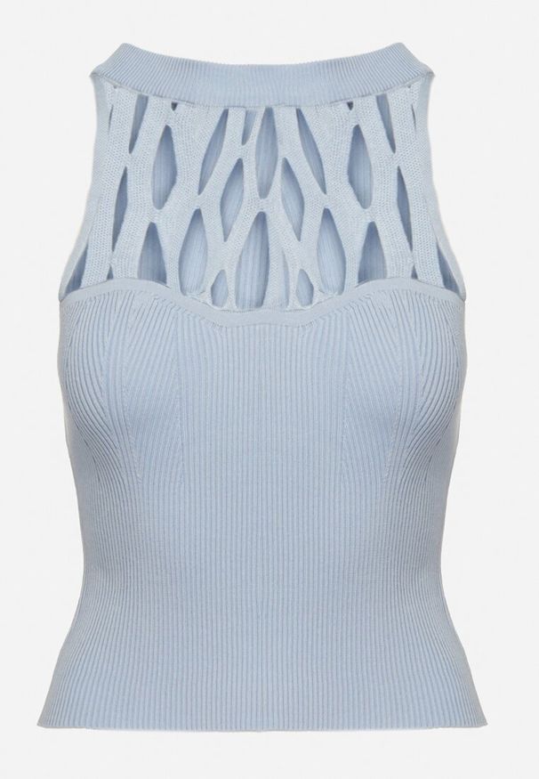 Born2be - Niebieski Top z Prążkowanej Dzianiny z Ażurowym Dekoltem Hiba. Kolor: niebieski. Materiał: dzianina, prążkowany. Wzór: ażurowy