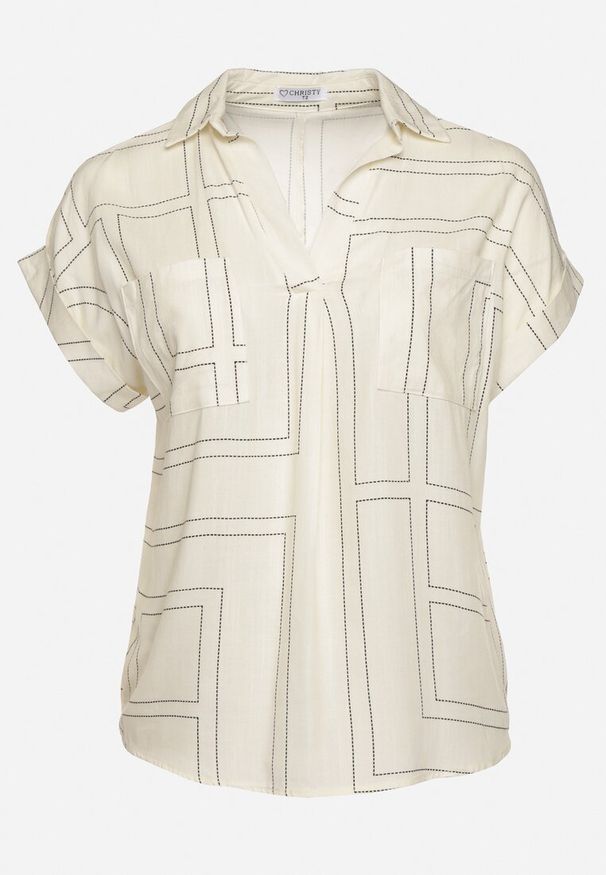 Born2be - Jasnobeżowa Bluzka o Koszulowym Fasonie z Wiskozy w Geometryczny Print Ralozi. Okazja: na co dzień. Kolekcja: plus size. Kolor: beżowy. Materiał: wiskoza. Długość rękawa: krótki rękaw. Długość: krótkie. Wzór: geometria, nadruk. Styl: elegancki, casual