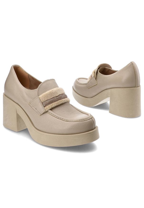 Beżowe Półbuty Lemar Wygodne Skórzane Buty. Okazja: na co dzień. Zapięcie: pasek. Kolor: beżowy. Materiał: skóra. Obcas: na obcasie. Styl: casual, elegancki. Wysokość obcasa: średni