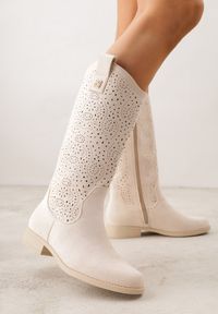 Born2be - Beżowe Botki Ażurowe Ozdobione Metaliczną Aplikacją Iomosa. Okazja: na co dzień, do pracy. Kolor: beżowy. Materiał: prążkowany, skóra. Wzór: ażurowy, aplikacja. Styl: casual, elegancki #6
