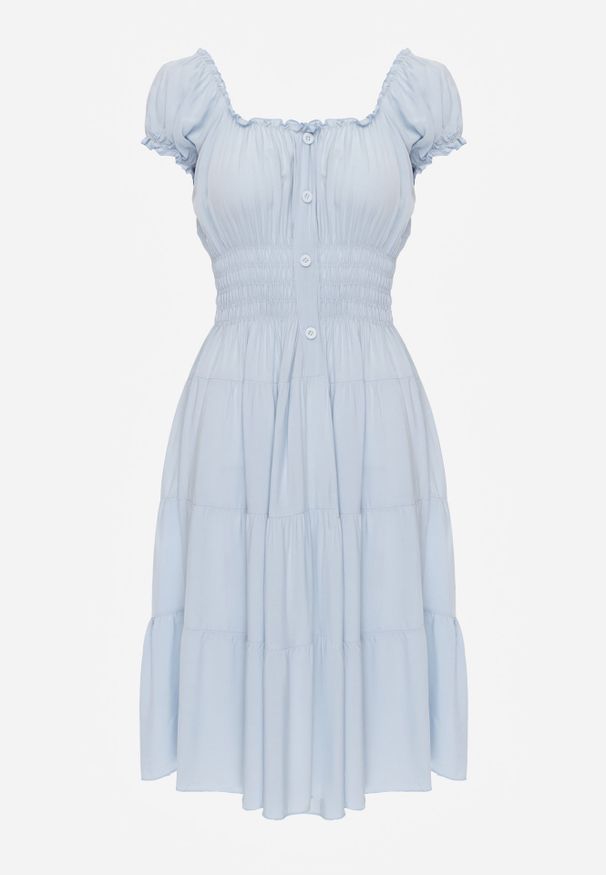 Renee - Jasnoniebieska Sukienka Rozkloszowana z Bawełny z Bufiastymi Rękawami i Guzikami Anniliana. Okazja: na co dzień. Kolor: niebieski. Materiał: bawełna. Typ sukienki: proste, rozkloszowane. Styl: elegancki, klasyczny, casual