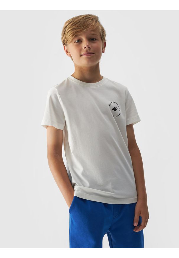 4f - 4F T-shirt regular gładki chłopięcy - biały 158 (12-13 lat). Okazja: na co dzień. Kolor: biały. Materiał: bawełna, jersey, dzianina. Długość rękawa: krótki rękaw. Długość: krótkie. Wzór: gładki. Sezon: lato. Styl: sportowy, klasyczny, casual