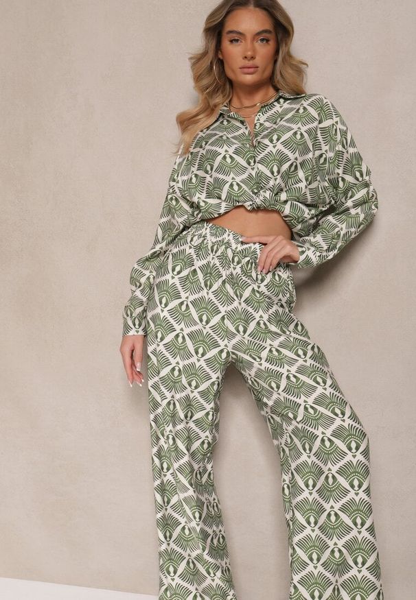 Renee - Zielony Komplet z Wiskozy Koszula i Spodnie w Ornamentalny Print Desanelia. Kolor: zielony. Materiał: wiskoza. Wzór: nadruk