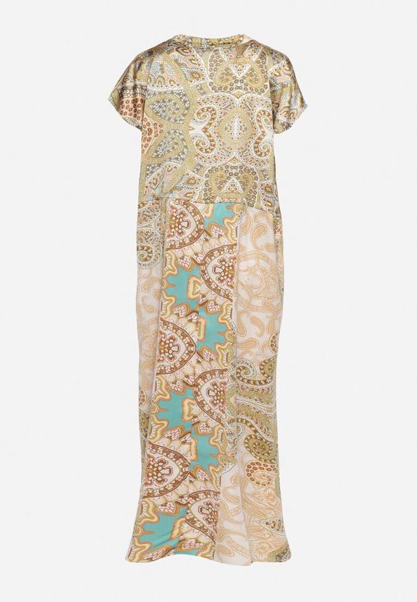 Born2be - Zielono-Beżowa Rozkloszowana Sukienka ze Ściągaczem w Talii w Stylu Boho Dimirra. Okazja: na co dzień. Typ kołnierza: dekolt w kształcie V. Kolor: zielony. Długość rękawa: krótki rękaw. Wzór: aplikacja. Typ sukienki: proste. Styl: boho