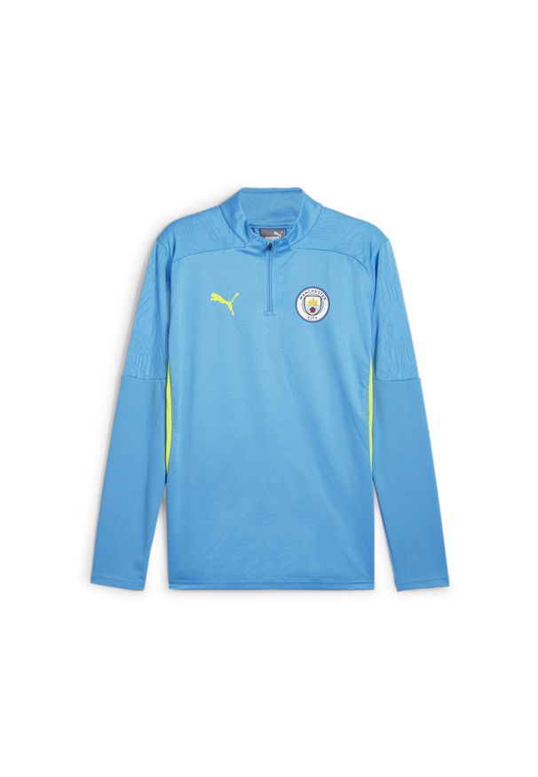Puma - Męska bluza treningowa Manchester City z zamkiem 1/4 PUMA Magic Blue Yellow Glow. Kolor: niebieski, wielokolorowy, żółty. Sport: piłka nożna