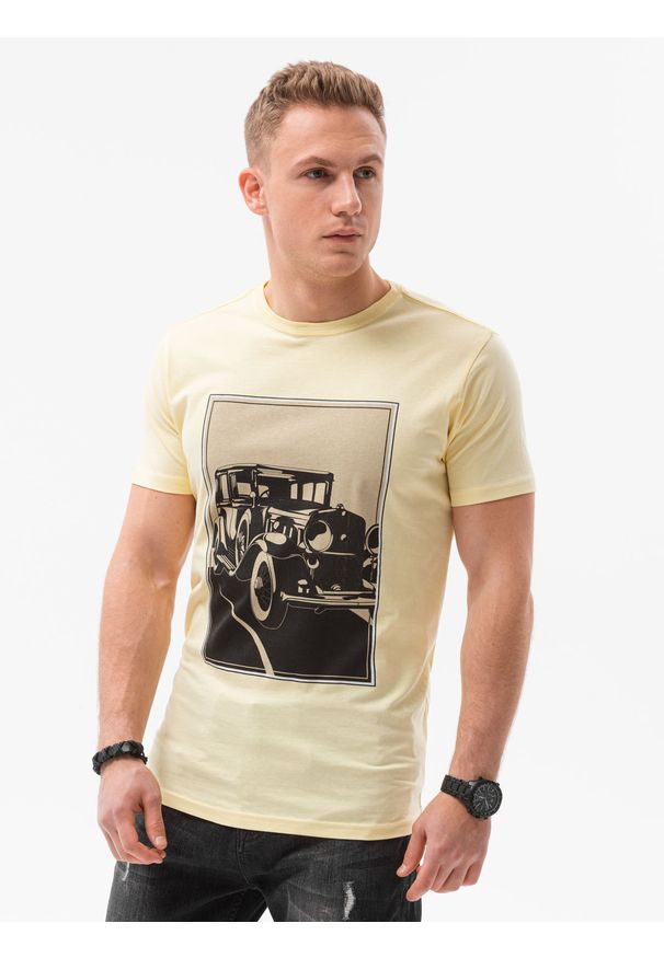 Ombre Clothing - T-shirt męski z nadrukiem S1434 V-11B - żółty - XXL. Kolor: żółty. Materiał: bawełna. Wzór: nadruk. Styl: klasyczny
