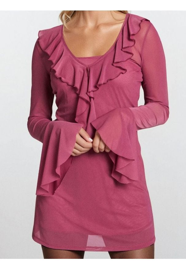 Sinsay - Sukienka mini z falbanami - różowy. Kolor: różowy. Długość: mini