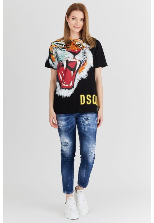 DSQUARED2 Czarny t-shirt damski z tygrysem, Rozmiar S. Kolor: czarny. Materiał: bawełna, prążkowany. Wzór: nadruk