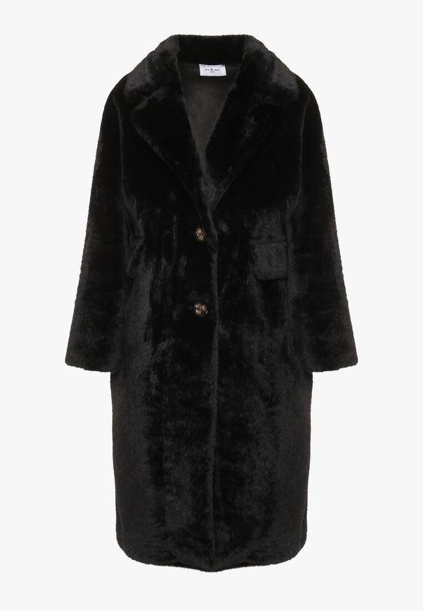 Born2be - Czarny Futrzany Płaszcz Jednorzędowy z Kieszeniami Zapinany na Guziki Parilda. Okazja: na co dzień. Kolor: czarny. Materiał: futro. Sezon: zima. Styl: elegancki, casual