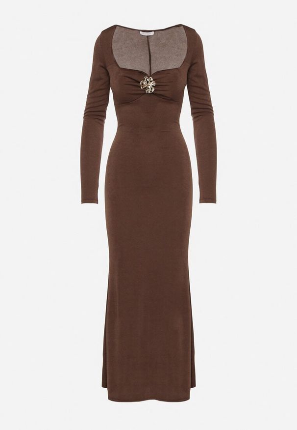 Born2be - Brązowa Sukienka Koktajlowa z Biżuteryjną Aplikacją i Długim Rękawem Idivianne. Kolor: brązowy. Długość rękawa: długi rękaw. Wzór: aplikacja. Typ sukienki: dopasowane. Styl: wizytowy