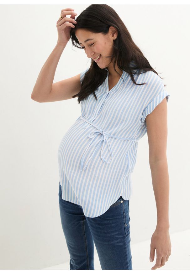 bonprix - Bluzka ciążowa i do karmienia, krótki rękaw. Kolekcja: moda ciążowa. Kolor: niebieski. Długość rękawa: krótki rękaw. Długość: krótkie. Wzór: paski