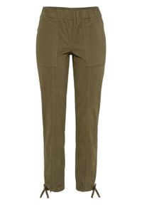 Spodnie z elastycznym paskiem bonprix ciemnooliwkowy. Kolor: zielony. Materiał: materiał, bawełna, elastan