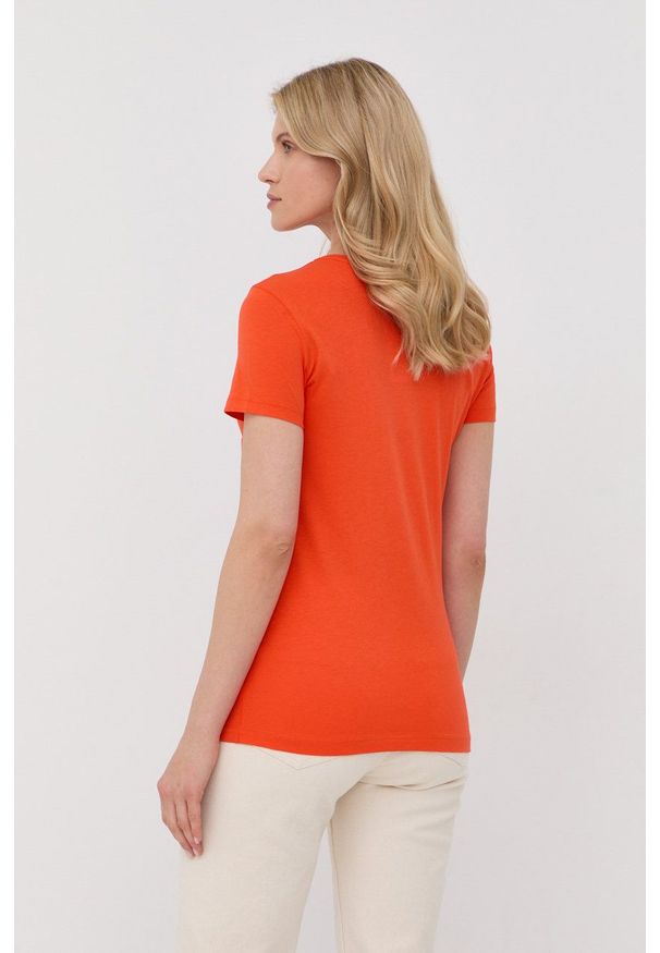Love Moschino t-shirt damski kolor pomarańczowy. Kolor: pomarańczowy. Wzór: nadruk