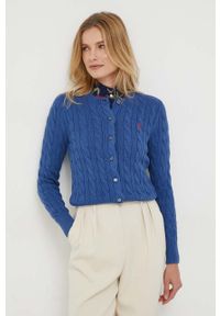 Polo Ralph Lauren kardigan bawełniany kolor niebieski. Typ kołnierza: polo. Kolor: niebieski. Materiał: bawełna. Długość rękawa: długi rękaw. Długość: długie. Wzór: ze splotem