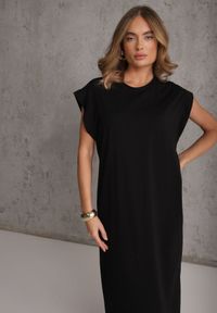 Renee - Czarna Sukienka T-shirtowa z Krótkimi Szerokimi Rękawami Arisea. Okazja: na spotkanie biznesowe. Kolor: czarny. Długość rękawa: krótki rękaw. Sezon: wiosna, lato. Typ sukienki: proste. Styl: elegancki, biznesowy #1