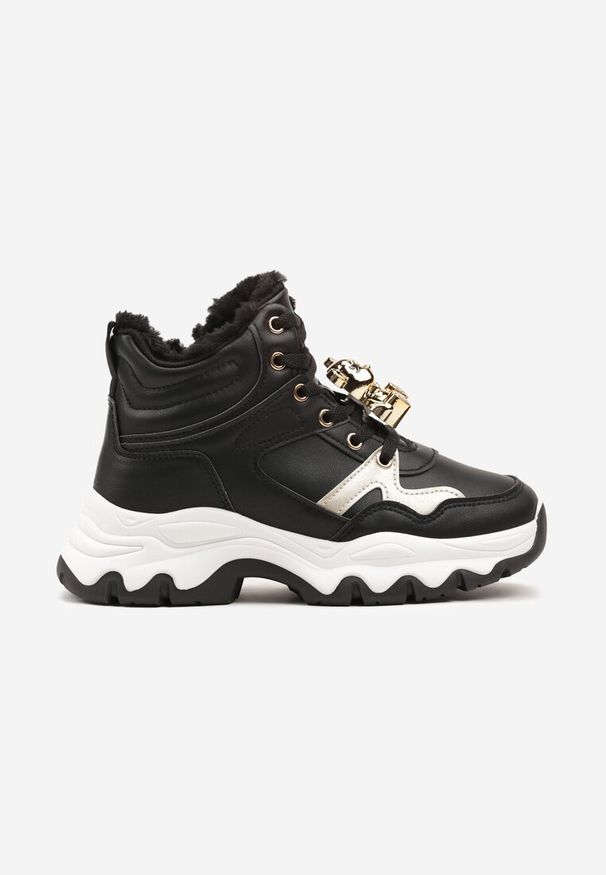 Born2be - Czarne Płaskie Sneakersy z Wysoką Cholewką Ozdobione Misiami 3D i Futerkiem Teminita. Okazja: na co dzień. Wysokość cholewki: przed kolano. Zapięcie: sznurówki. Kolor: czarny. Materiał: futro. Szerokość cholewki: normalna. Wzór: aplikacja