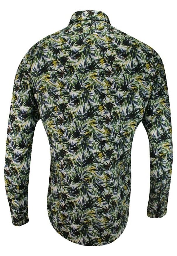 Bello - Zielono-Granatowa Koszula Wizytowa, Długi Rękaw -BELLO- Taliowana, Elegancka, Motyw Florystyczny. Okazja: na spotkanie biznesowe, do pracy. Kolor: niebieski. Materiał: bawełna. Długość rękawa: długi rękaw. Długość: długie. Styl: wizytowy, elegancki