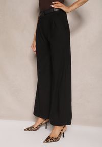 Renee - Czarne Garniturowe Spodnie High Waist z Gumką i Dodatkowym Paskiem w Talii Mattine. Stan: podwyższony. Kolor: czarny. Materiał: dzianina #5