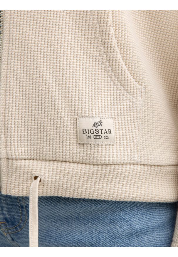 Big-Star - Bluza damska rozpinana z kapturem kremowa Grala 103. Typ kołnierza: kaptur. Kolor: kremowy. Materiał: dzianina, bawełna, żakard. Wzór: aplikacja, ze splotem