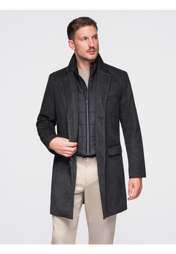 Ombre Clothing - Długi rozpinany męski płaszcz z wełną – grafitowy V2 - Rozmiar: XL. Kolor: szary. Materiał: wełna. Długość: długie. Sezon: zima. Styl: elegancki