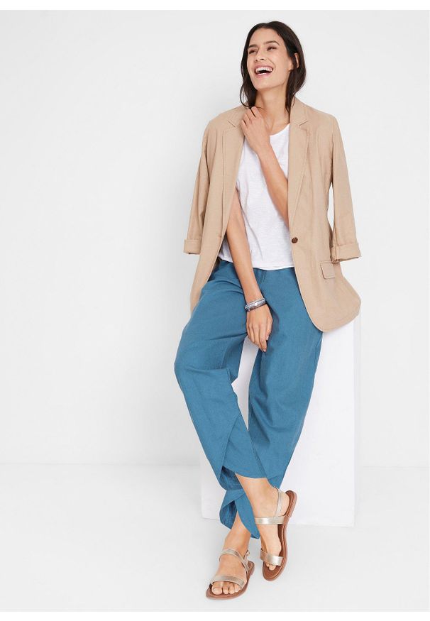 bonprix - Spodnie lniane Loose Fit, high waist, z wygodnym paskiem, dł. przed kostkę. Stan: podwyższony. Kolor: niebieski. Materiał: len