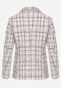 Renee - Biała Dwurzędowa Marynarka z Błyszczącą Nicią i Poduszkami na Ramionach Elilona. Kolor: biały. Materiał: dzianina. Długość rękawa: długi rękaw. Długość: długie. Styl: klasyczny #3